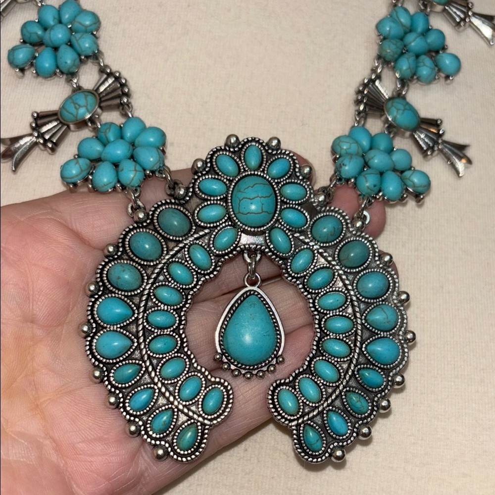 Blue and Silver Squash Blossom Necklace with Turquoise Accents - Picture 8 of 8